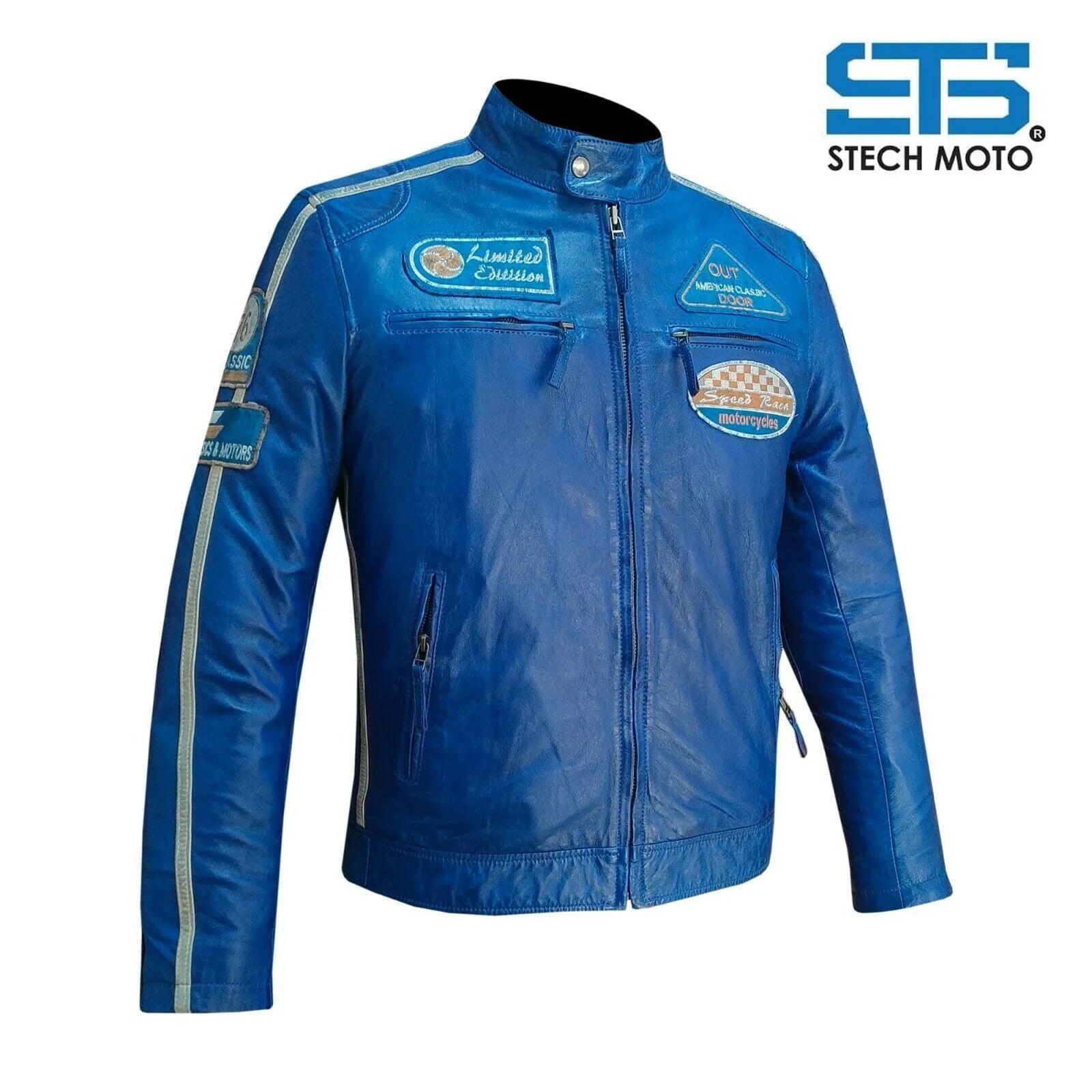 Giubbotto in pelle da Uomo Stechmoto ST 1510 Custom Vintage Café Race 46/S Blu-bianco-nero