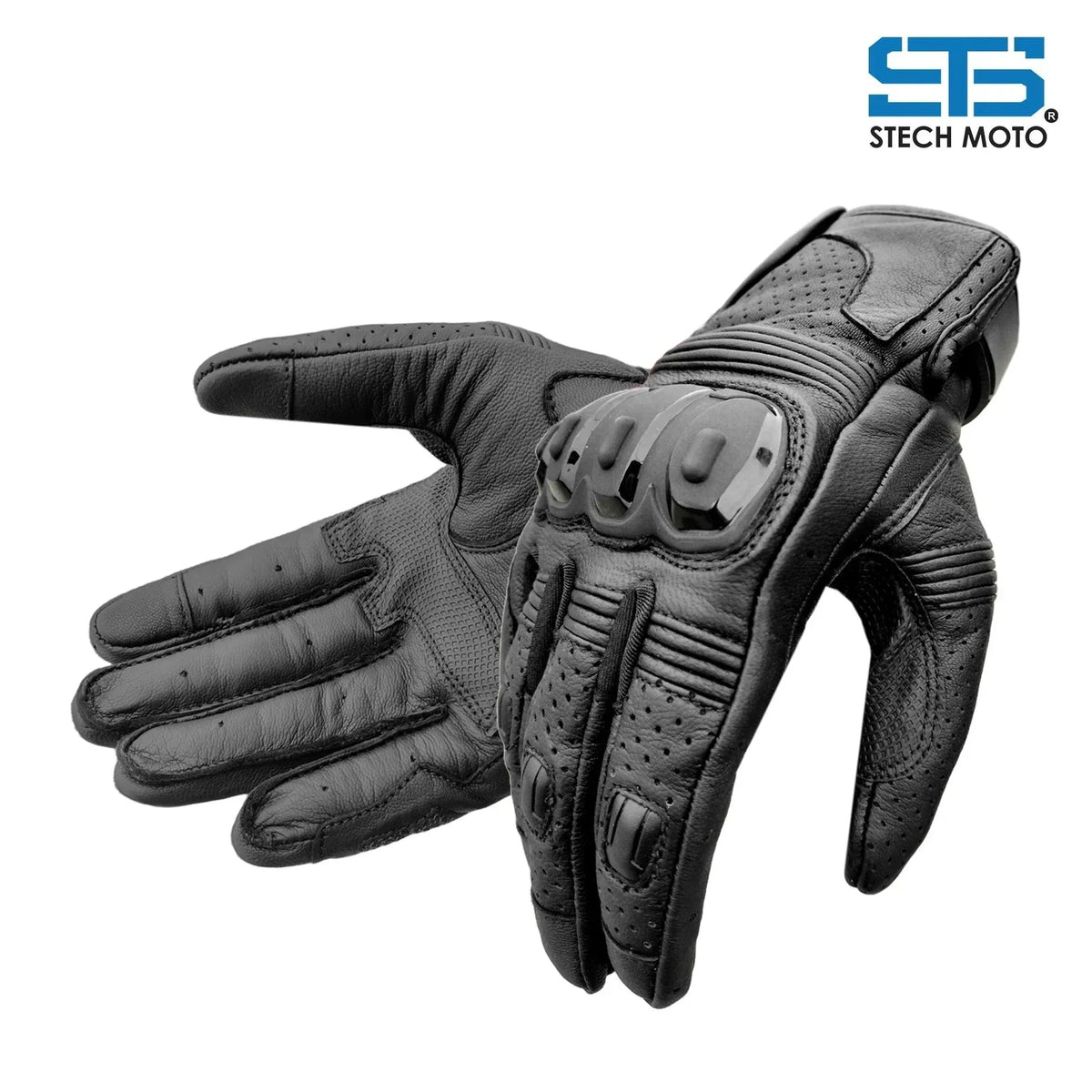 Guanti da moto in pelle nera con protezioni, stile touring e sportivo, vista dettagliata.
