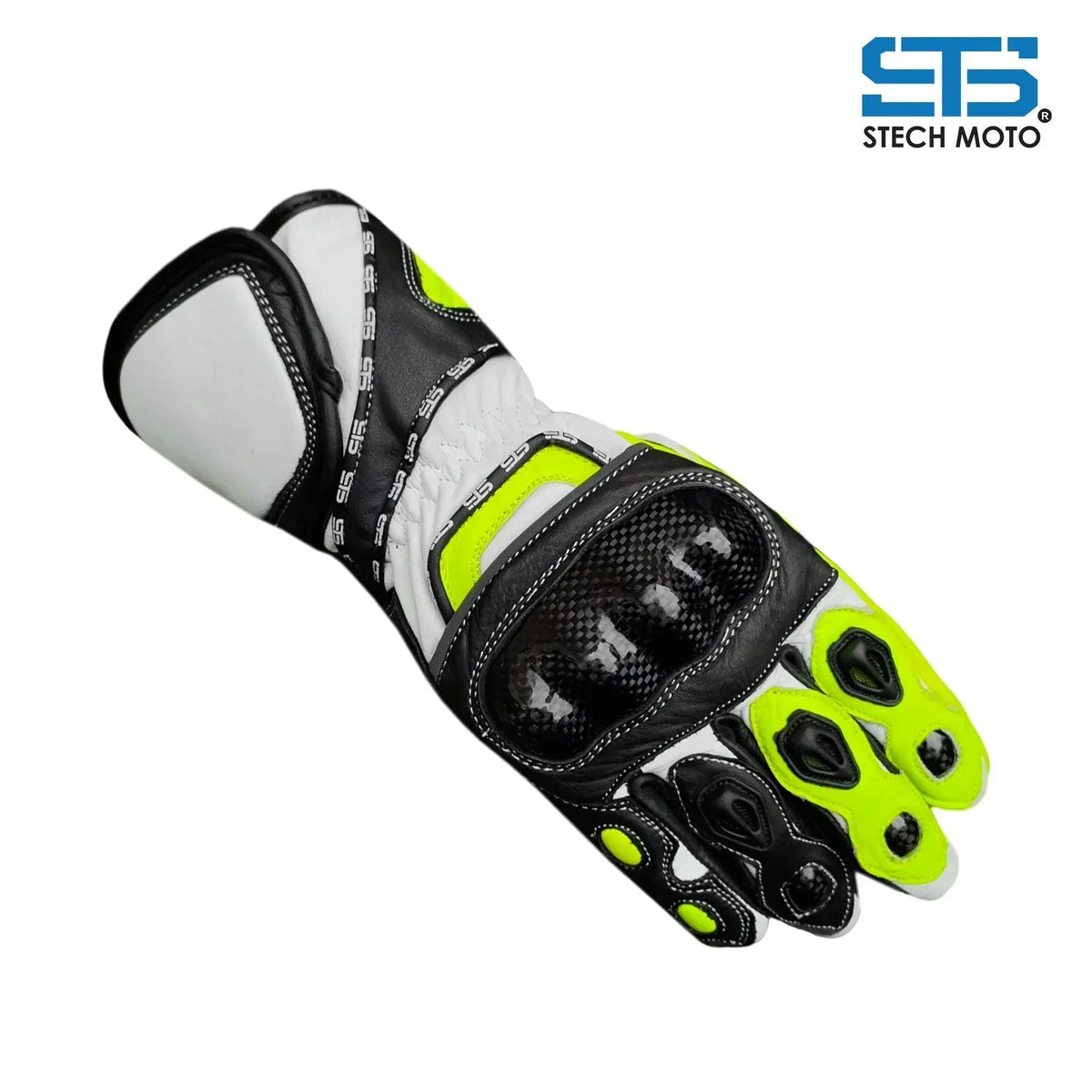 Guanto da moto in pelle nero, bianco e giallo fluo con protezioni in carbonio.