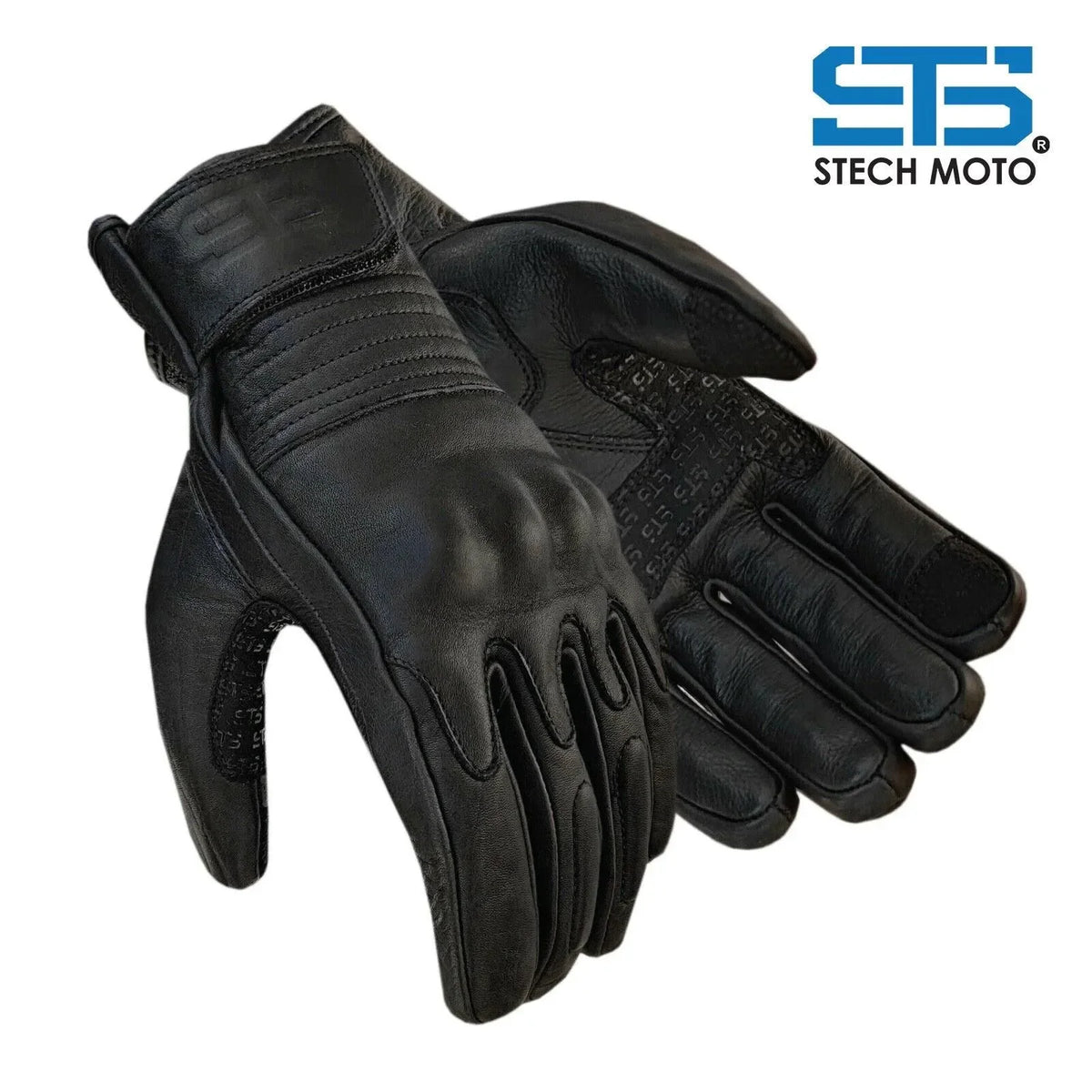 Guanti moto in pelle neri con protezioni per dita e nocche, stile vintage custom.