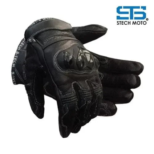 Guanti moto estivi in pelle nera con protezioni, stile touring e urbano, Stech Moto.