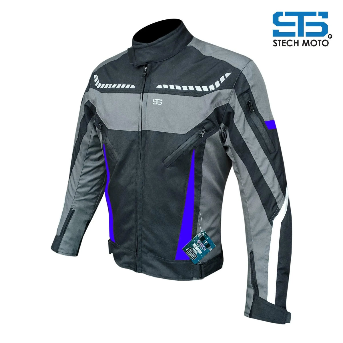 Giubbotto moto uomo tessuto tecnico 3 strati, impermeabile, grigio e nero con inserti riflettenti.